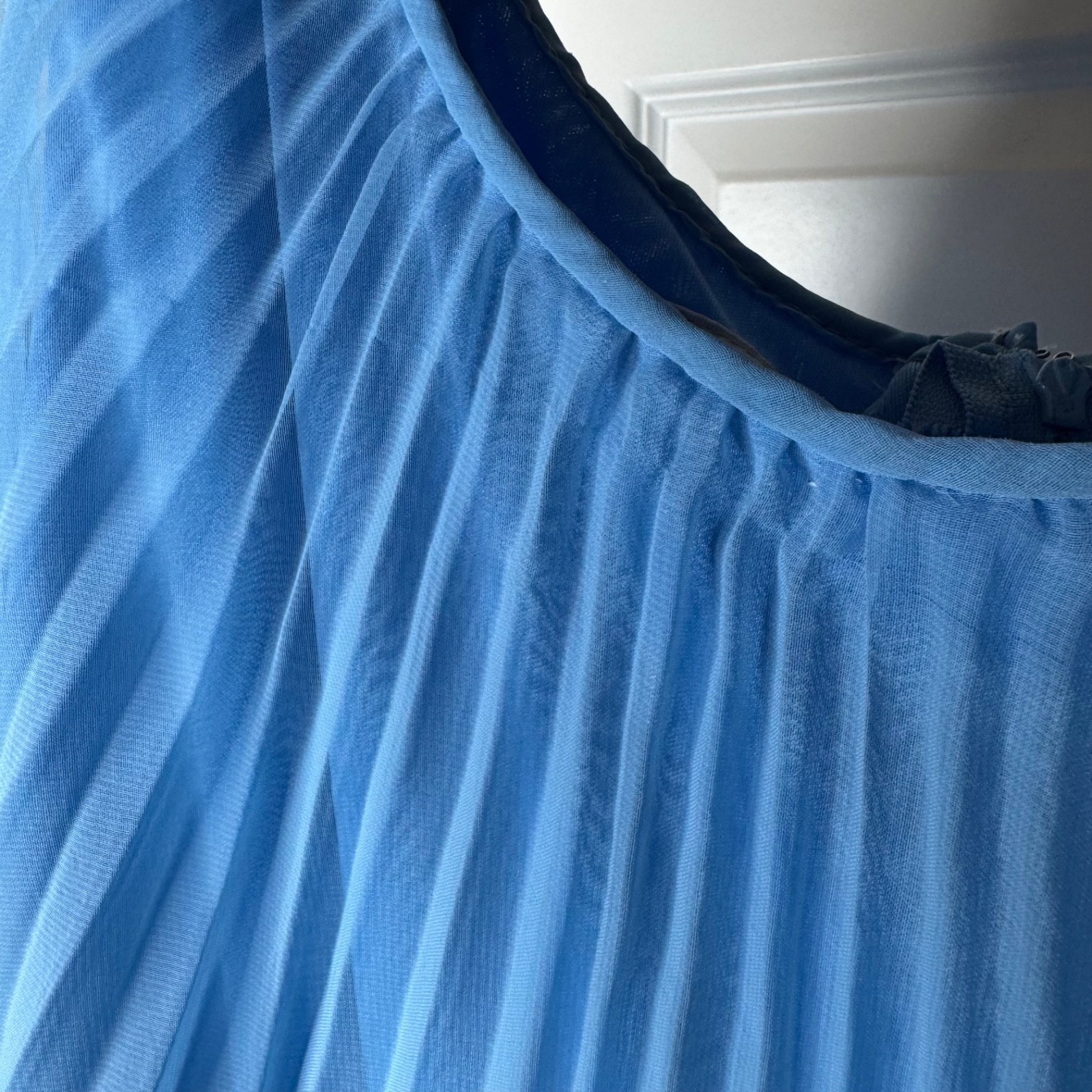 Vintage 70s Pleated Accordian Flutter Cape Maxi Dress Chiffon Gown Womens Blue