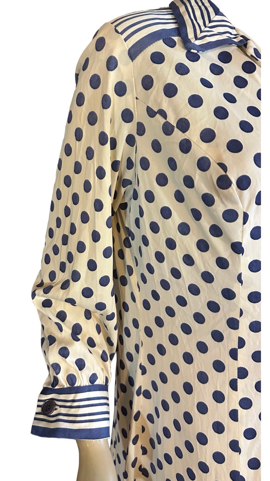 VINTAGE 1980&rsquo;S ARNEL BLUE & WHITE STRIPED & POLK A DOT PRINT SHIRT DRESS SIZE L