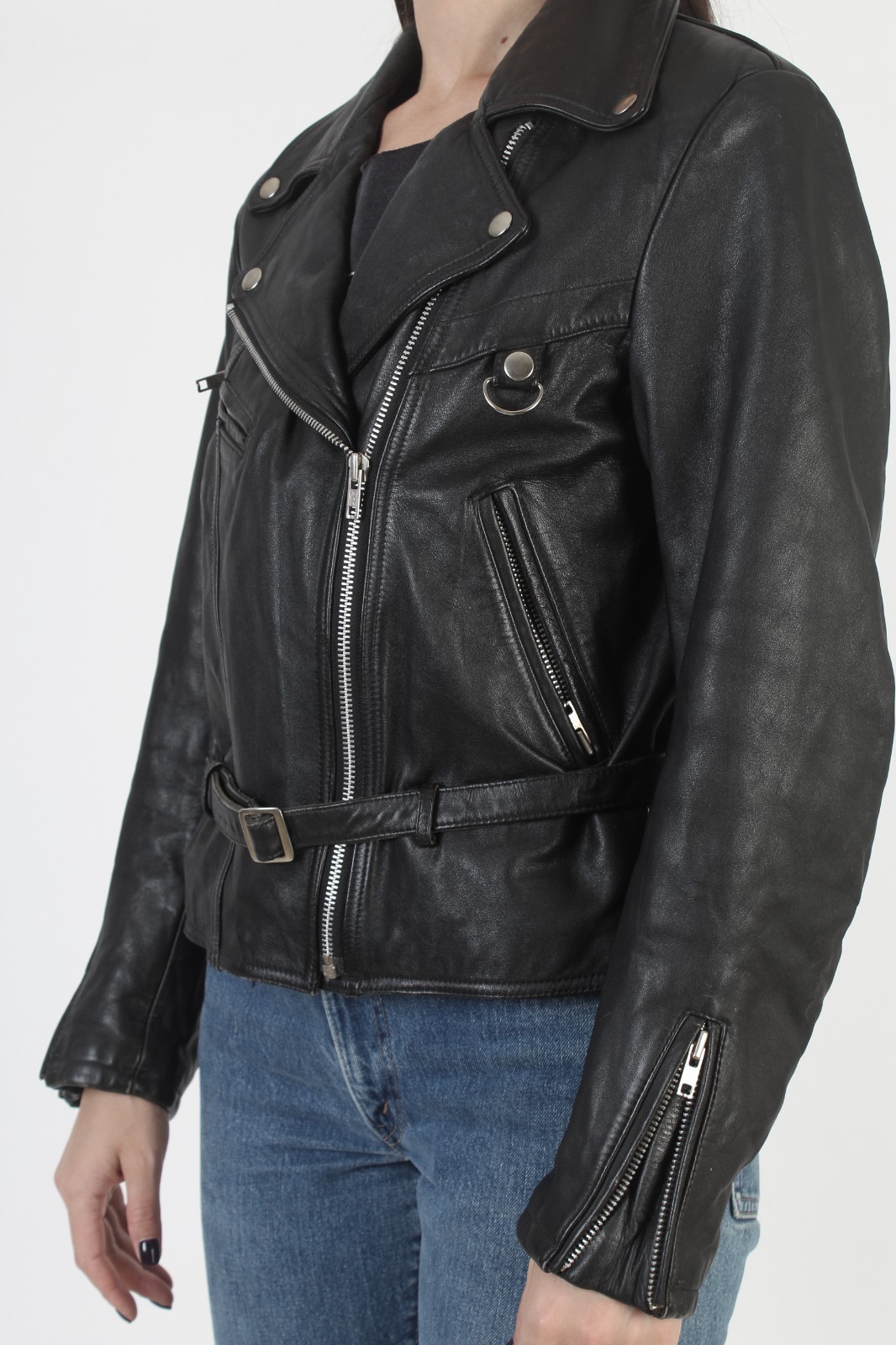 Vtg Womens Black Leather Motorcycle Jacket Belted Asym Zip Biker Moto Waist Coat
