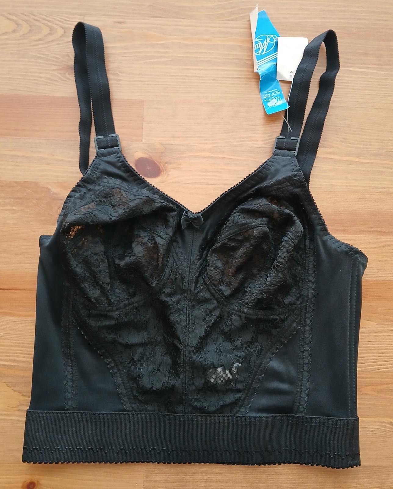 Spirite Longline Shapewear Bra 34B 788 Black Pinup Lace Underwire New Vtg 70s