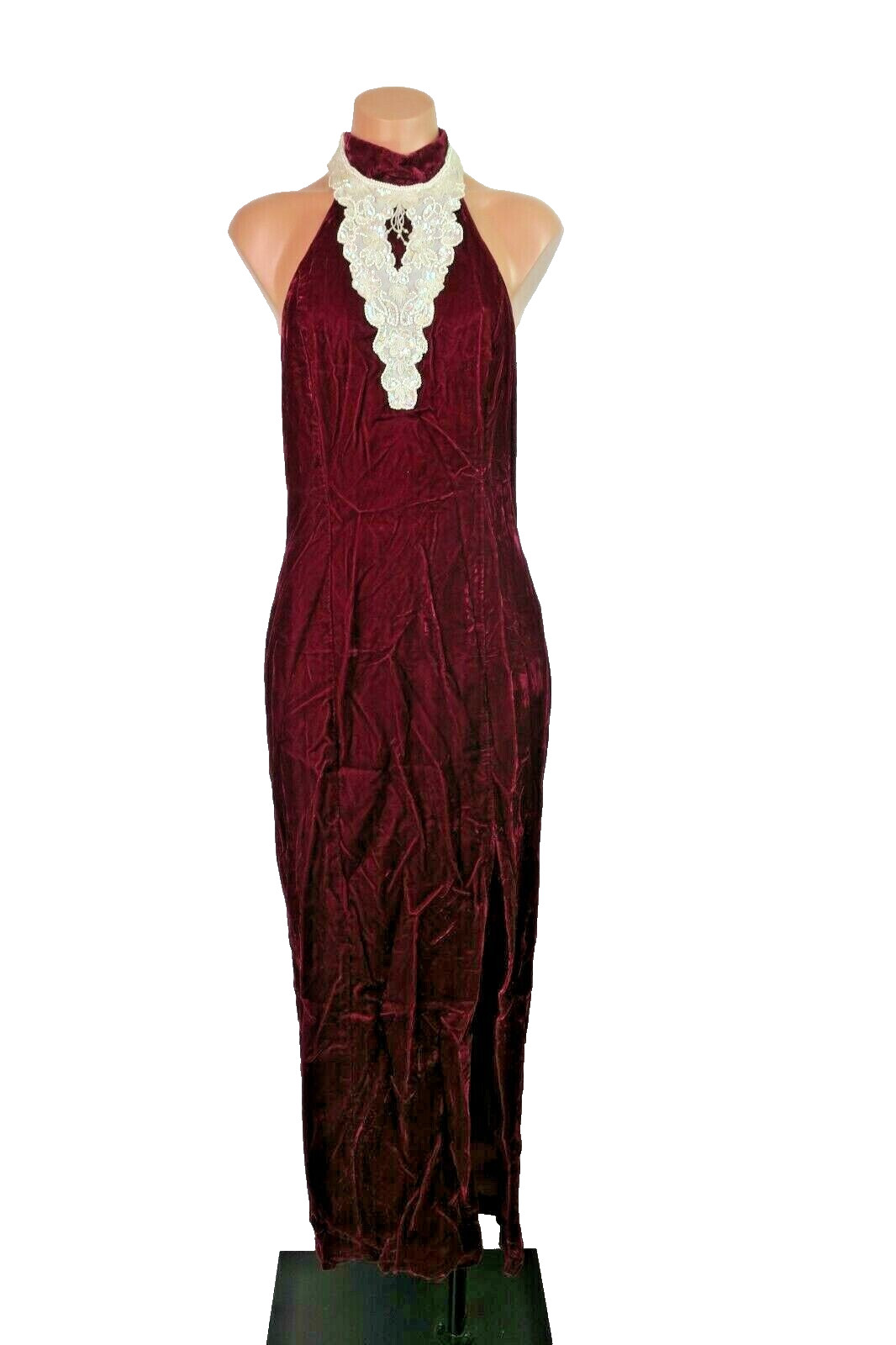 VTG 90s Velvet Wiggle Pencil Sequin Maroon Lace Mock Neck Slit Prom Dress 9/10