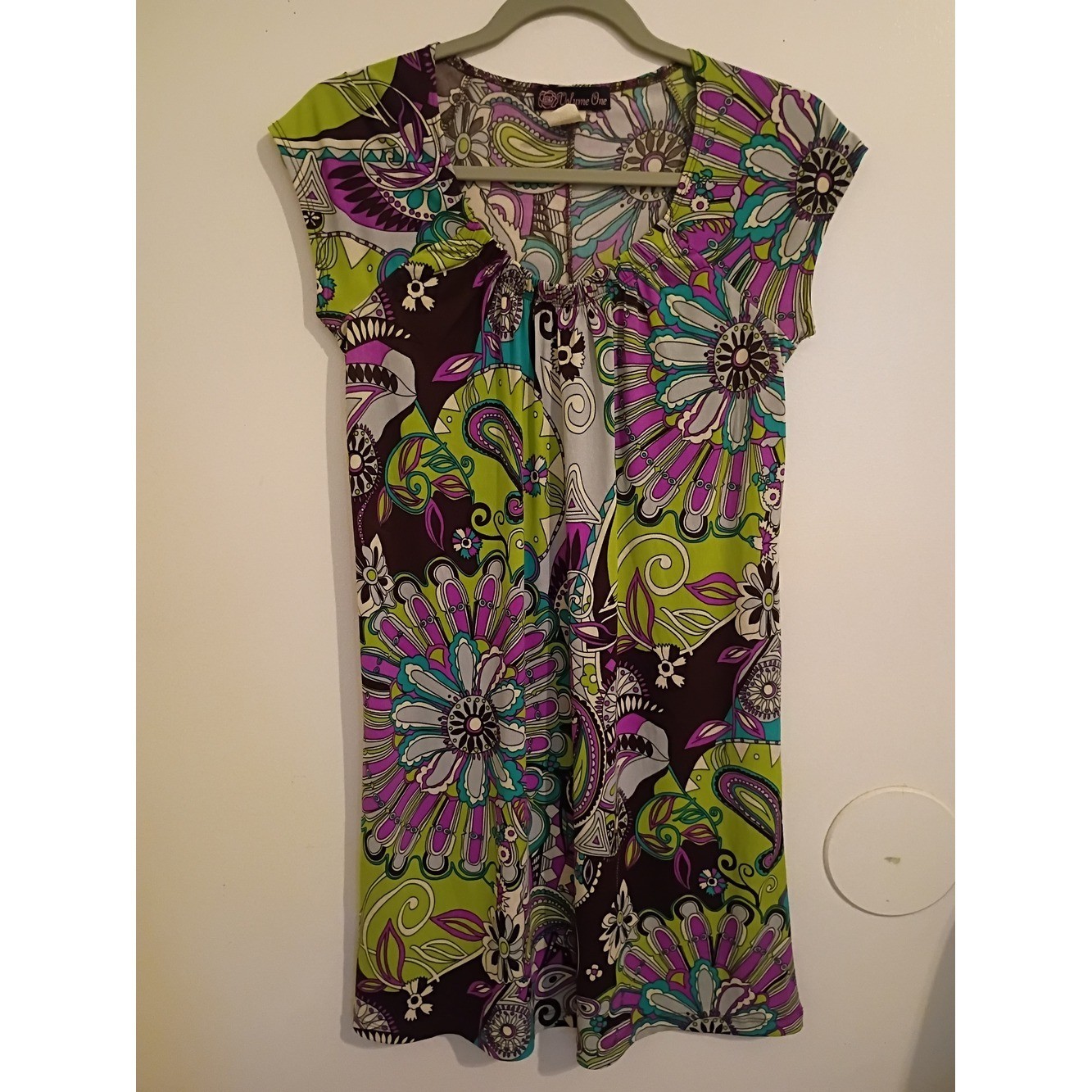 VTG Volume One Colorful Floral Cap-Sleeve Mini Dress – Green & Purple Y2K Sz S