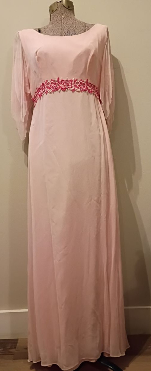 Vintage Pink Bridesmaid Dress 1970s Chiffon Overlay – Union Made – Empire Waist