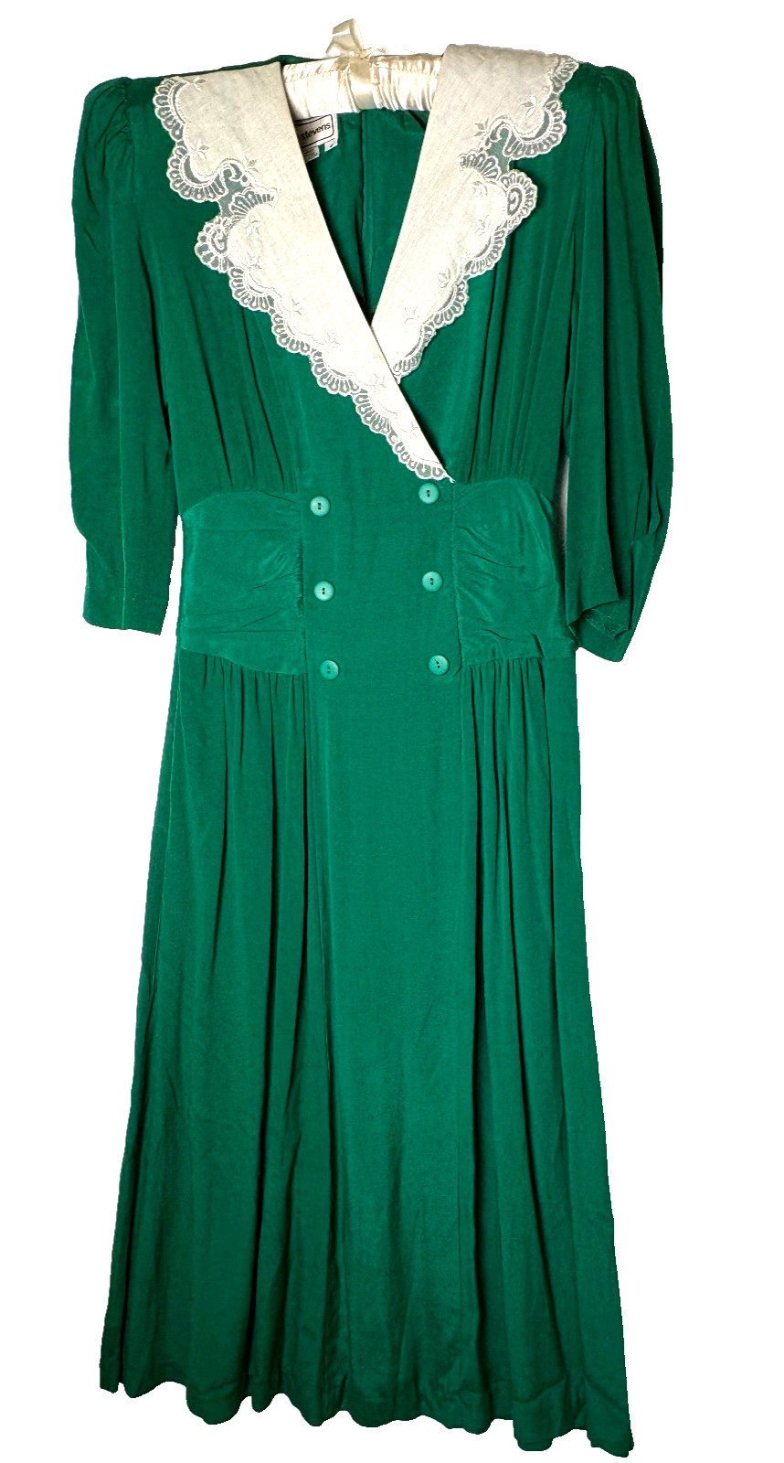 Karin Stevens Vintage 80&rsquo;s Dress 6 Emerald Green Lacy Embroidered Collar Rayon