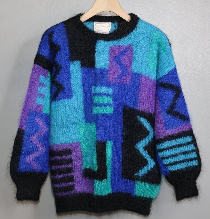 Vintage Liz Sheldon Mohair Sweater 80s Abstract UK Handmade Womens L