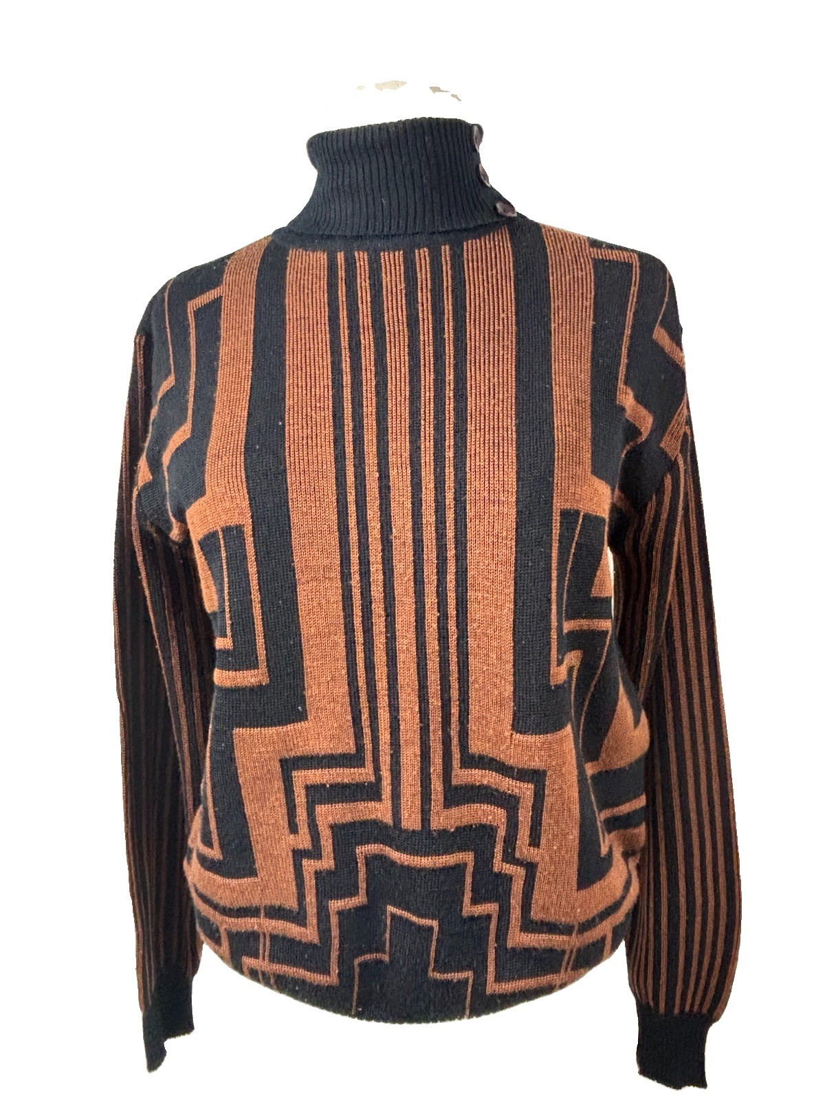 VTG Ackermann Art Deco Sweater Brown Black Geometric Knit Mock Neck Womens Sz 42