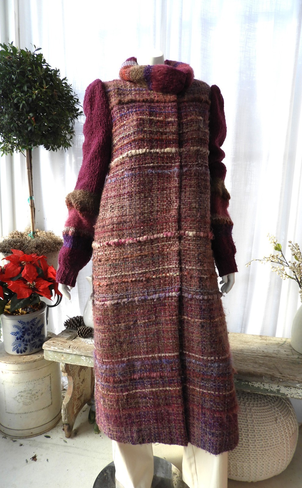 Vtg 1970&rsquo;s Retro Wool Purple Hand Woven Boho Knit Coat Avant Garde sz S/M