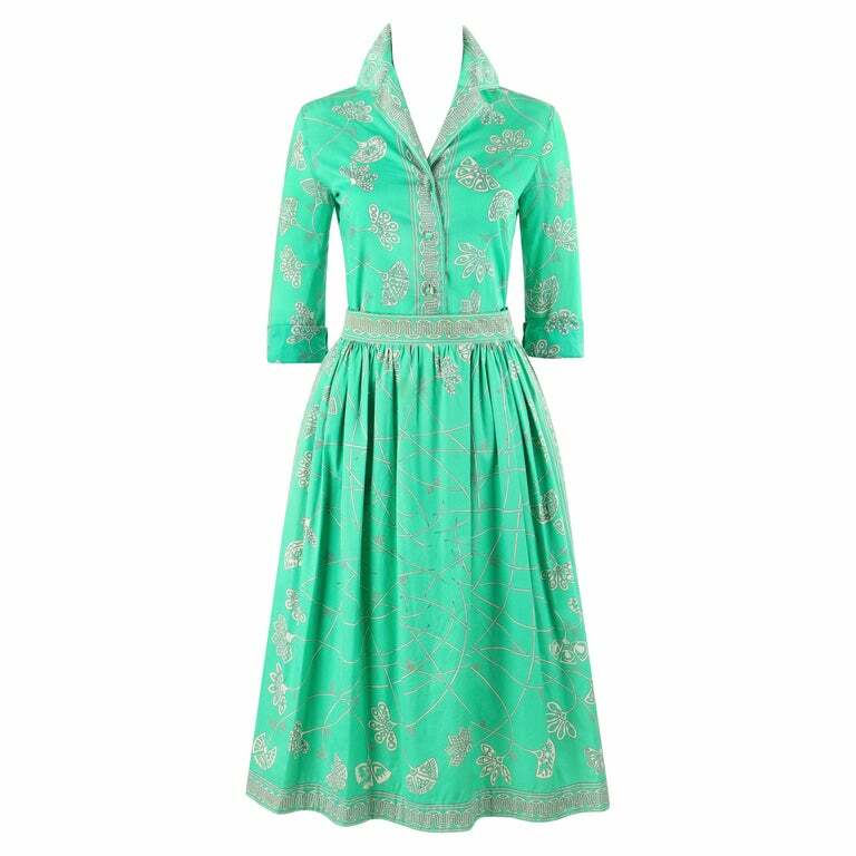 EMILIO PUCCI c.1976 « Chad » Print 2 Pc Green Cotton Shirt Skirt Dress Set