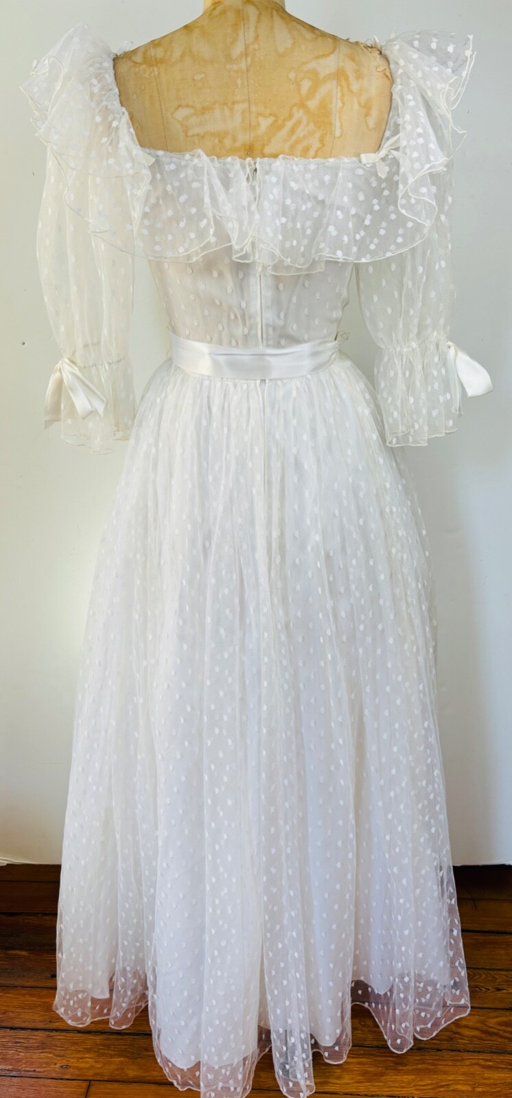 VTG 80s WHITE POLKA DOT TULLE RUFFLE BOW COQUETTE WHITE GOWN PRINCESS DRESS*XS/S