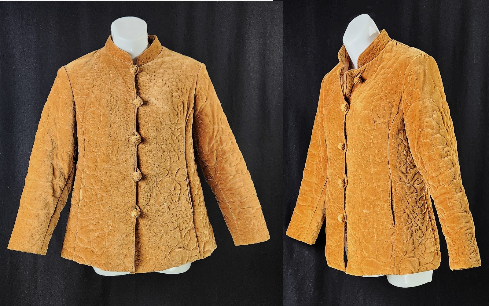 Vintage 60s detail floral quilted velveteen jacket/coat~ frog buttons~ Pockets