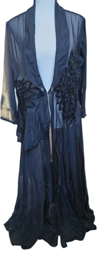 Sheer Black Beaded Duster-Style Jacket Vintage Whimsigoth Size EU 42 US XL