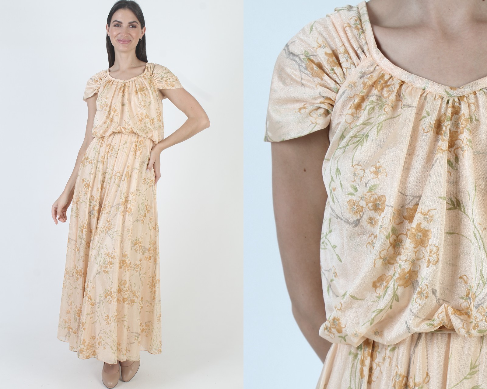 Vtg 70s Grecian Goddess Dress Peach Disco Greek Belted Toga Roman Sundress