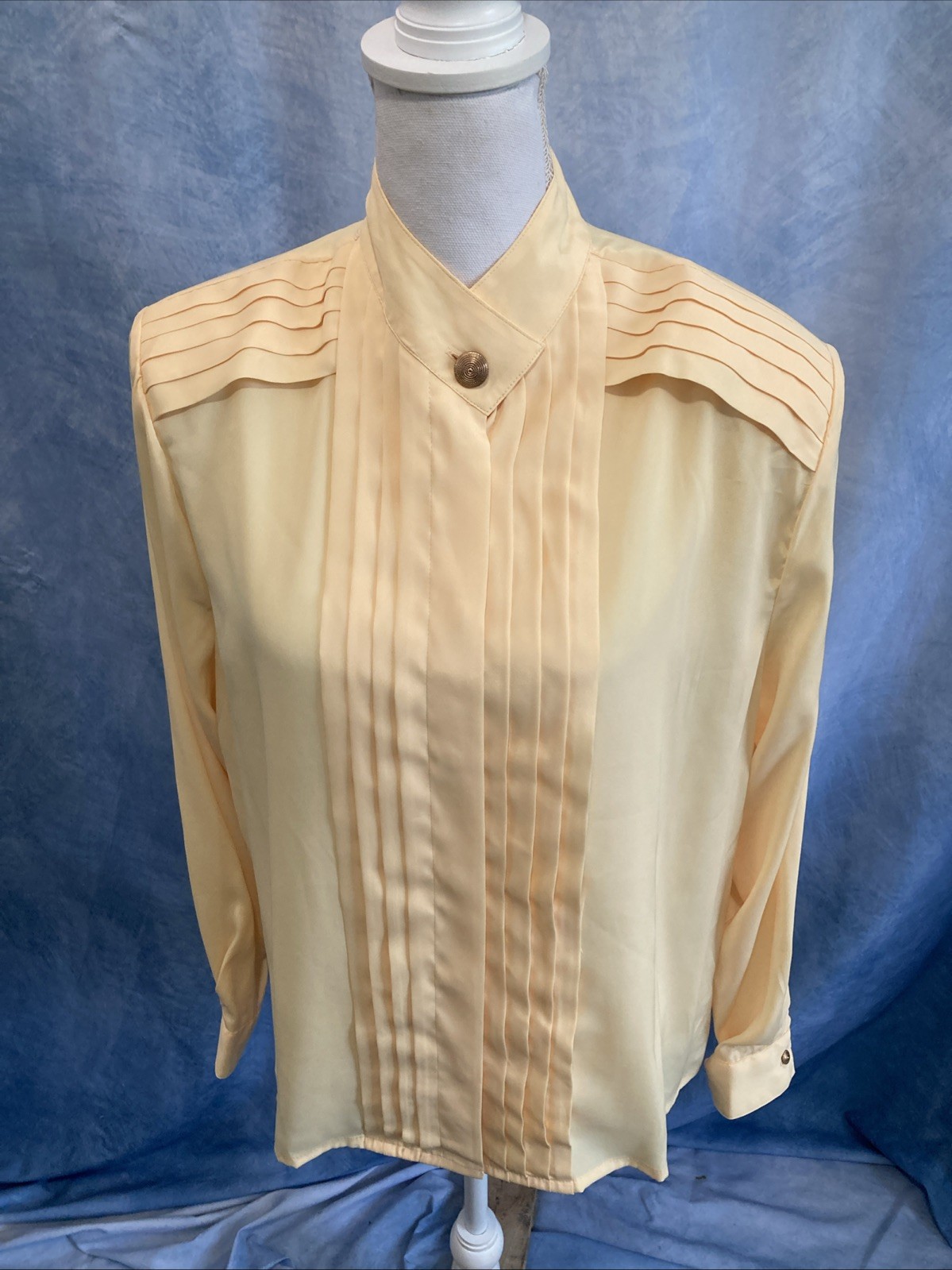Vtg 80s Kristen Stamford Yellow Poly Blouse 16 Pleated Secretary Shoulder Pads