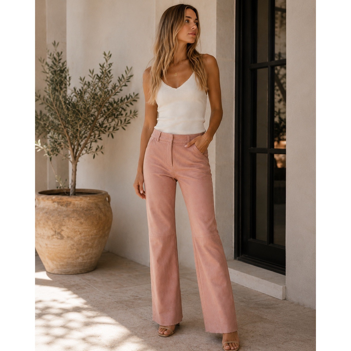 Vintage Express Editor Suede Pants 10 Blush Pink Y2K Wide Leg Quiet Luxury