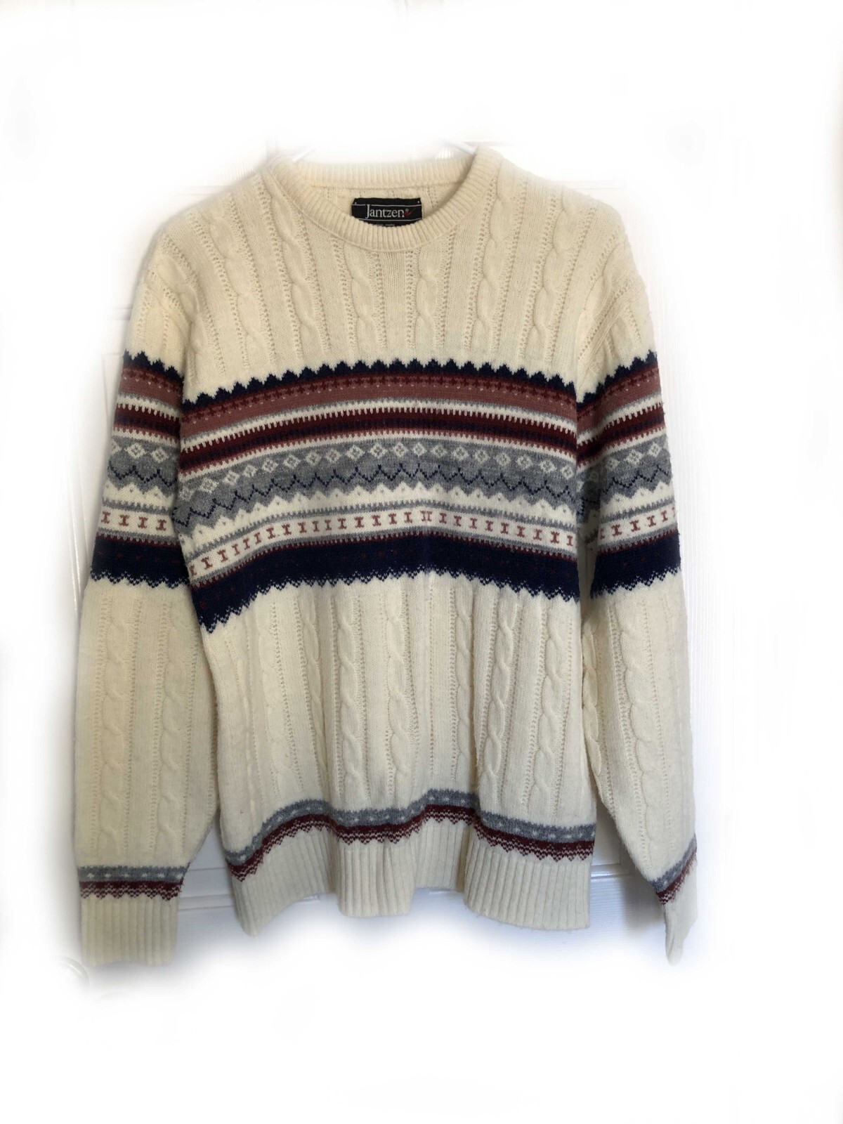 Jantzen Vintage 1970&rsquo;s Cream Cable Knit Pullover Patterned Sweater Unisex Sz L