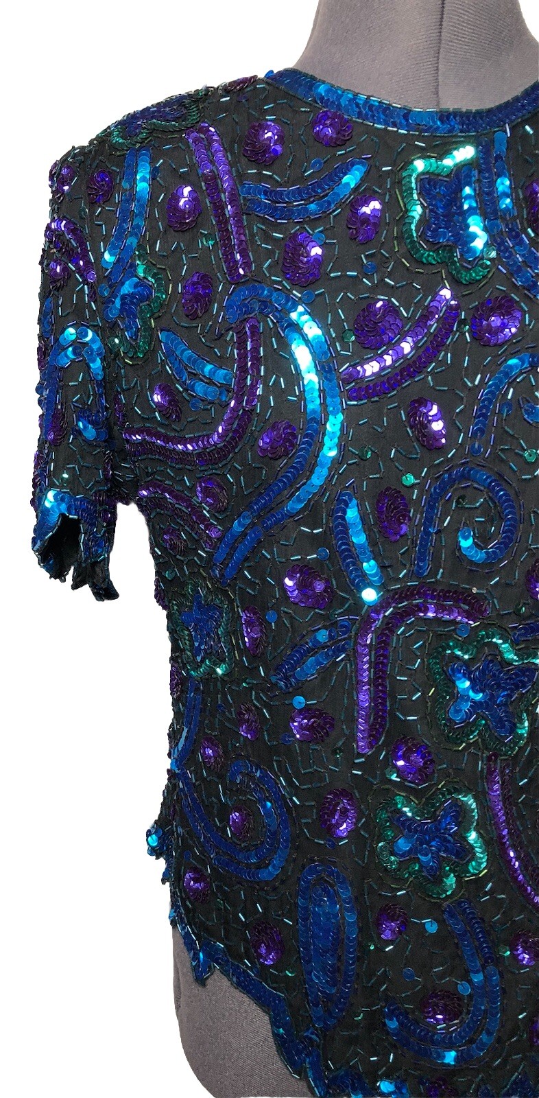 VTG 80s Lawrence Kazar Beaded Sequins Evening Wear Party Blue Top NWT B-37 L