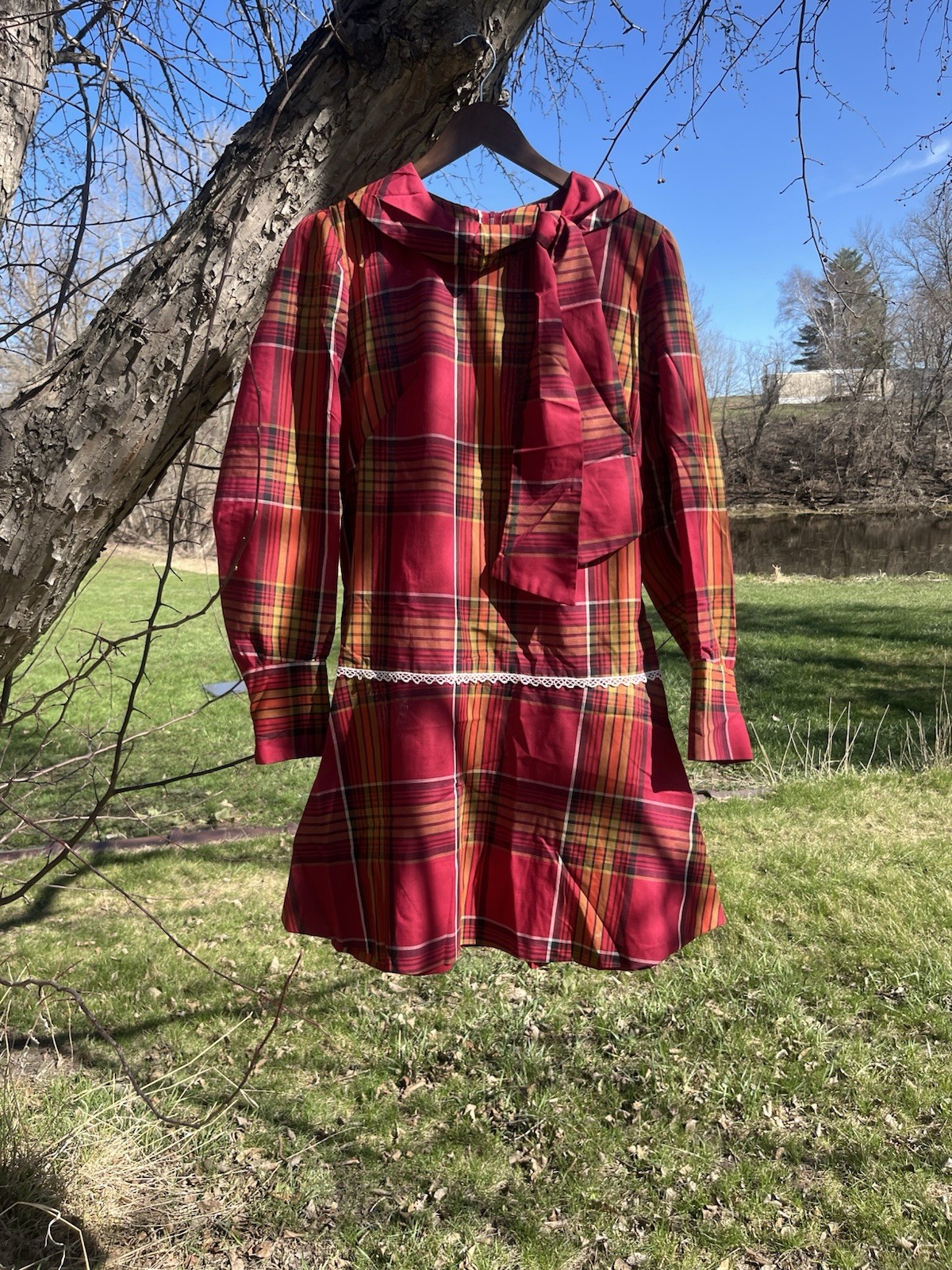 Vintage 60s MCM Mod Drop Waist Plaid Mini Dress With Tie & Lace Trim Sz Large