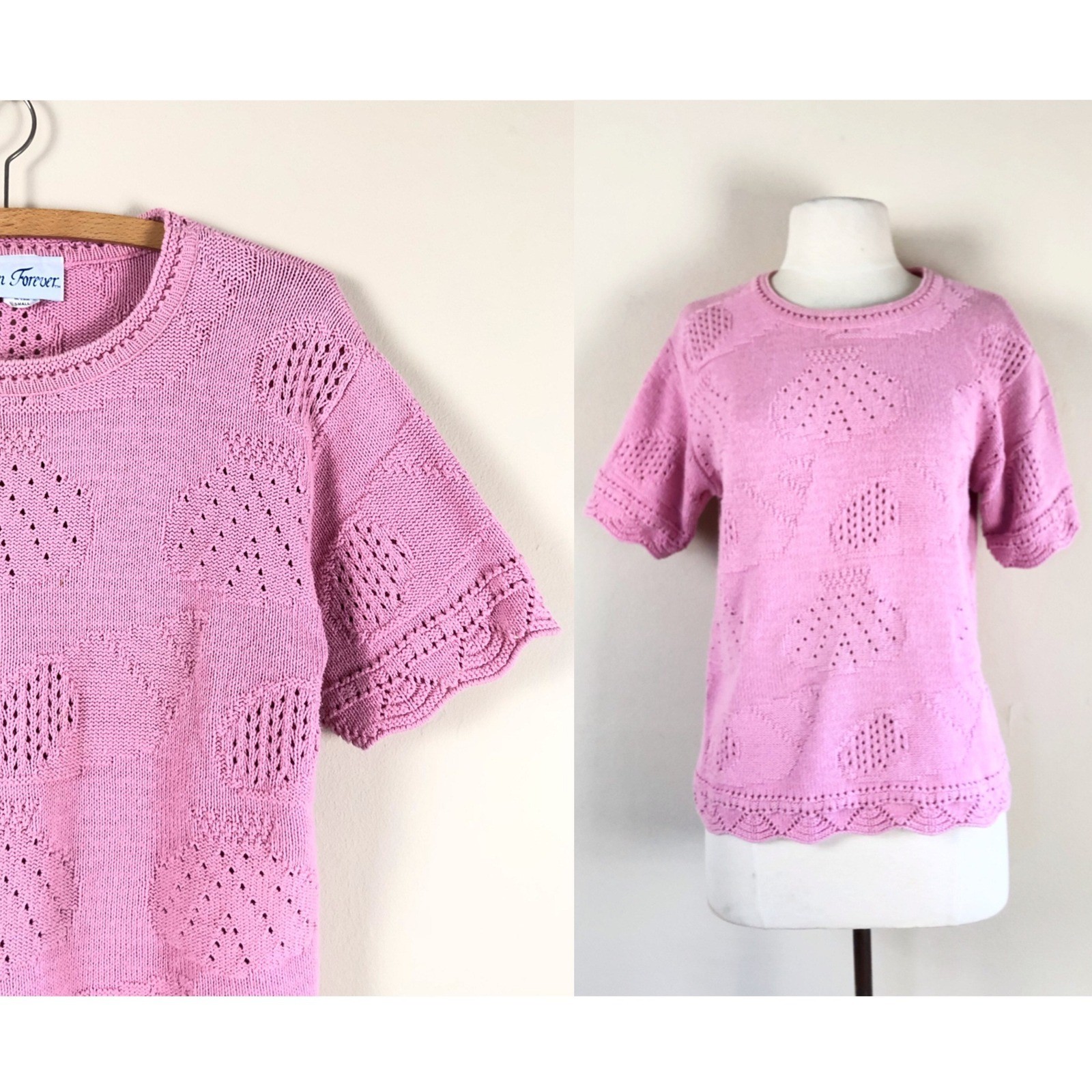 vintage 90s cotton seashell knit pastel eyelet cottagecore boho sweater top