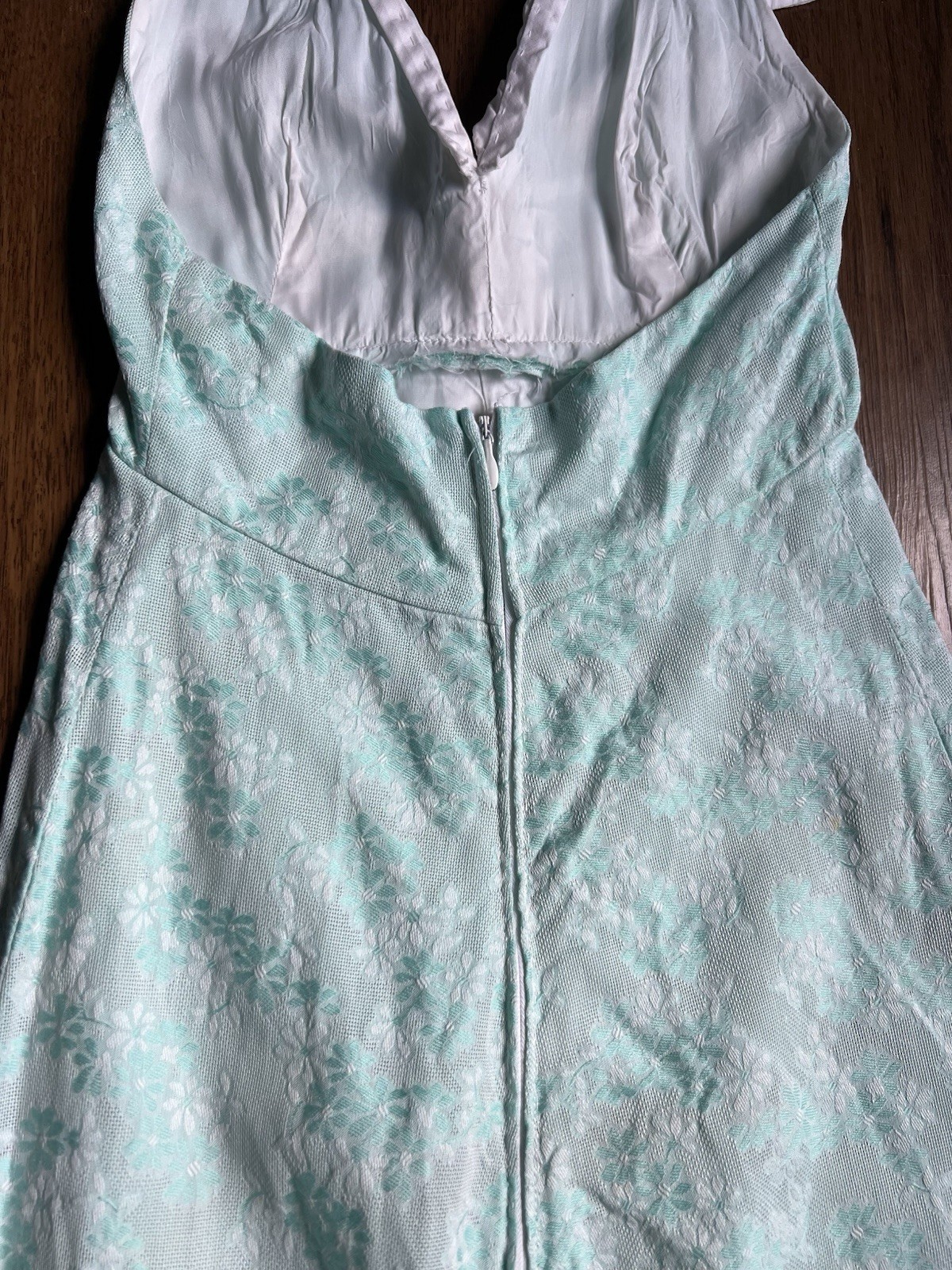 Vintage 60s 70s Maxi Dress XS Aqua White Floral Sailor Halter Jacquard Formal