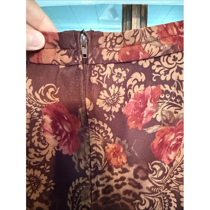 Karin Stevens Vintage Floral Damask Leopard Print Midi Skirt Burgundy Rust Sz 14