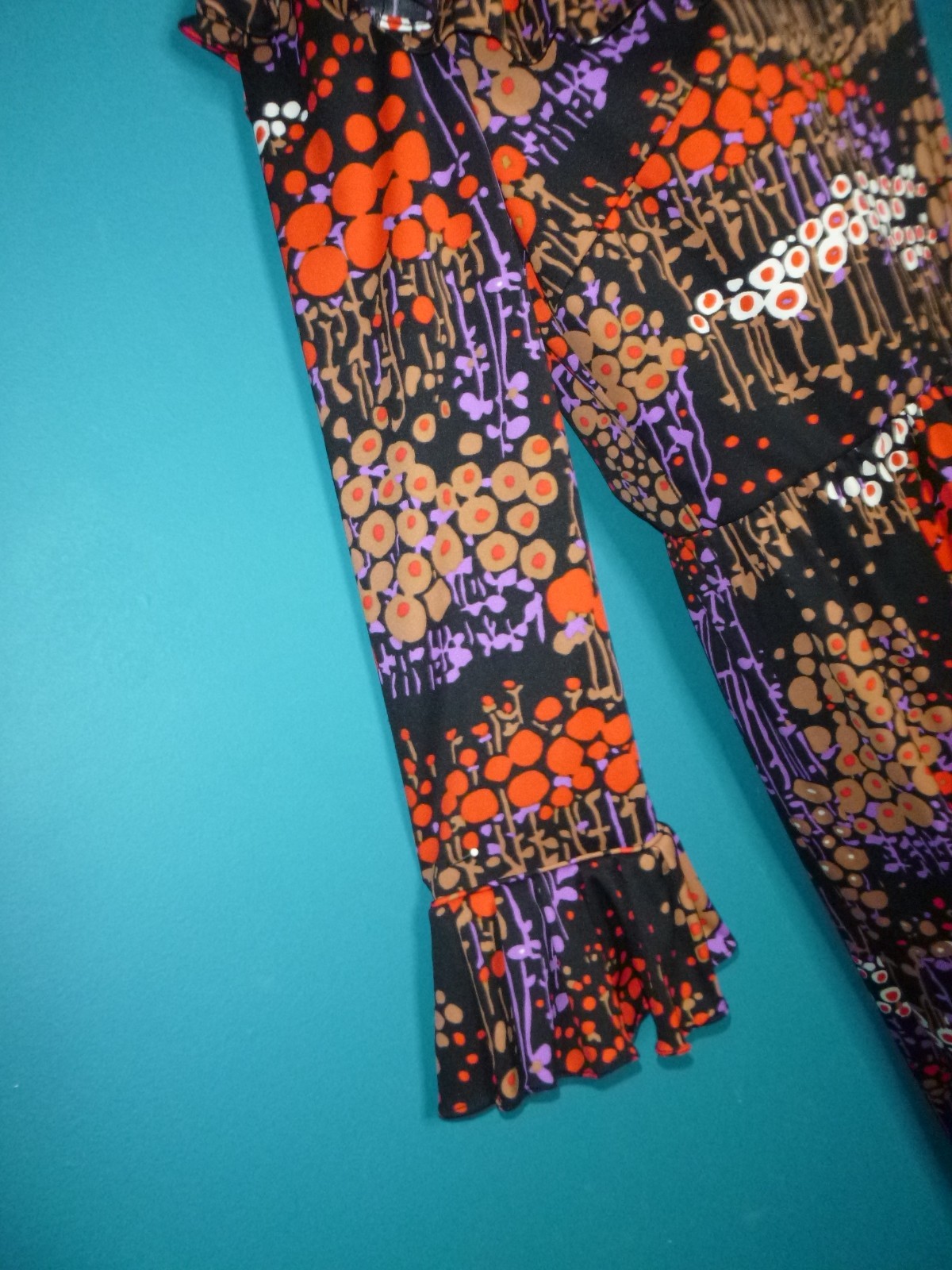 Vtg 70s Dynasty Stretch Poly MOD Maxi Dress Stylized Floral Sz S/M Hong Kong
