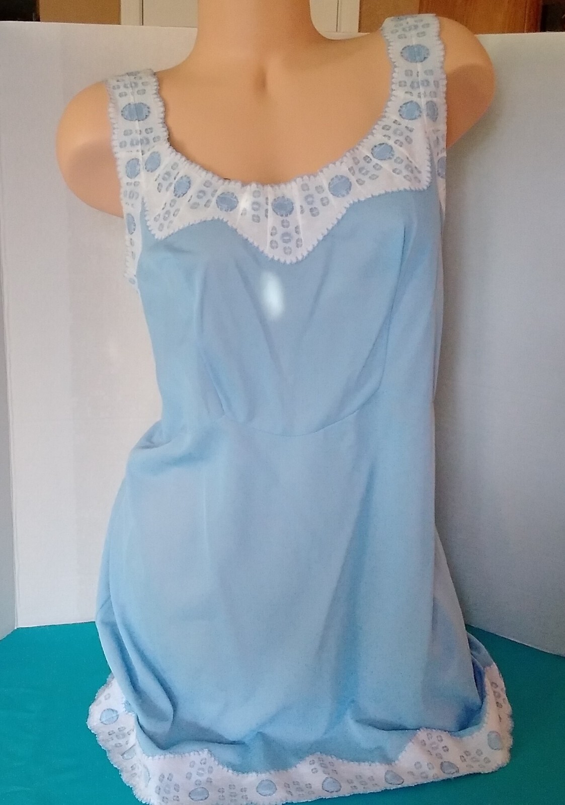 Vintage 60&rsquo;s Full Slip Dress Chemise European Wide Strap Retro Blue M-L