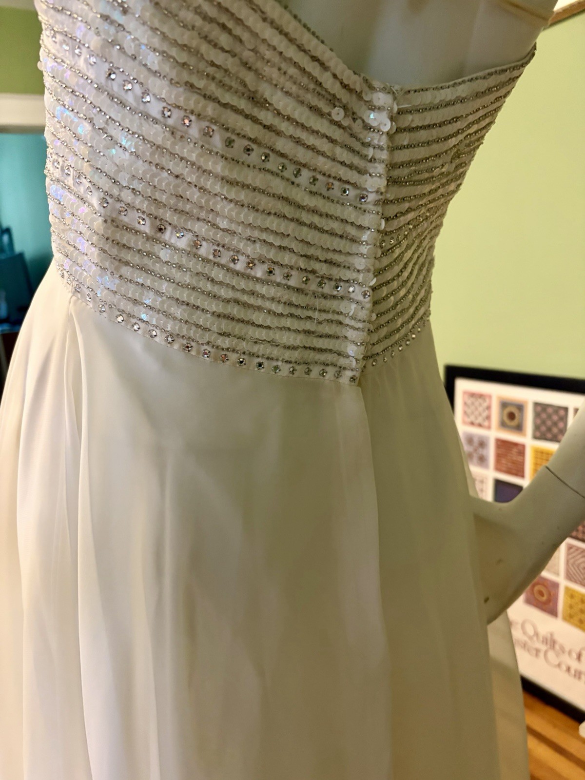 Vtg Mike Benet Formals- White Chiffon grecian Dress Gown Sequins 38 Strapless M