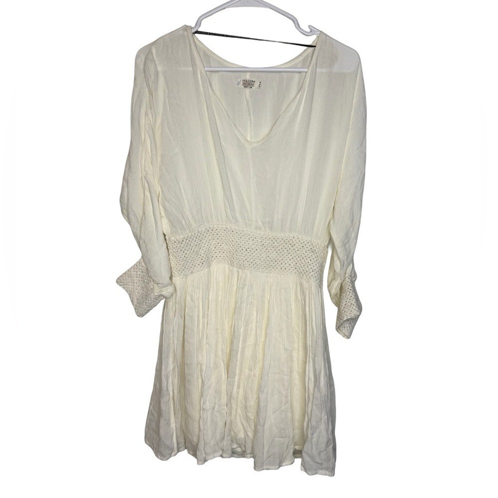 ✨🤍 Volcom Ivory Boho Smocked Waist Peasant Mini Dress Size M 🤍✨