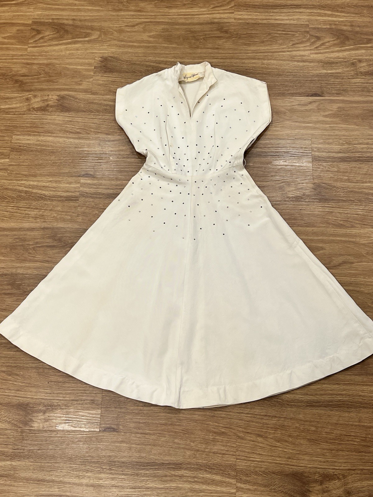 Vintage 1950s Virginia Spear Designer Cream Rhinestone Dress