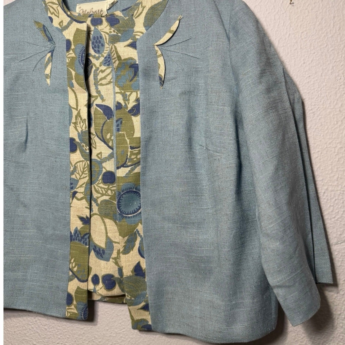 Vintage Linen Cropped Jacket Blouse Set Floral Cottagecore Boho 60s Mod Blue M/L