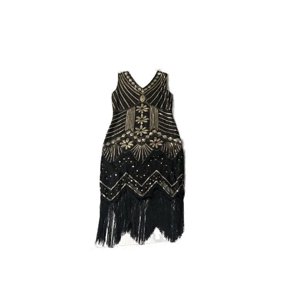 1920s Flapper Style Sequin Fringe Dress Black Gold Size XXL
