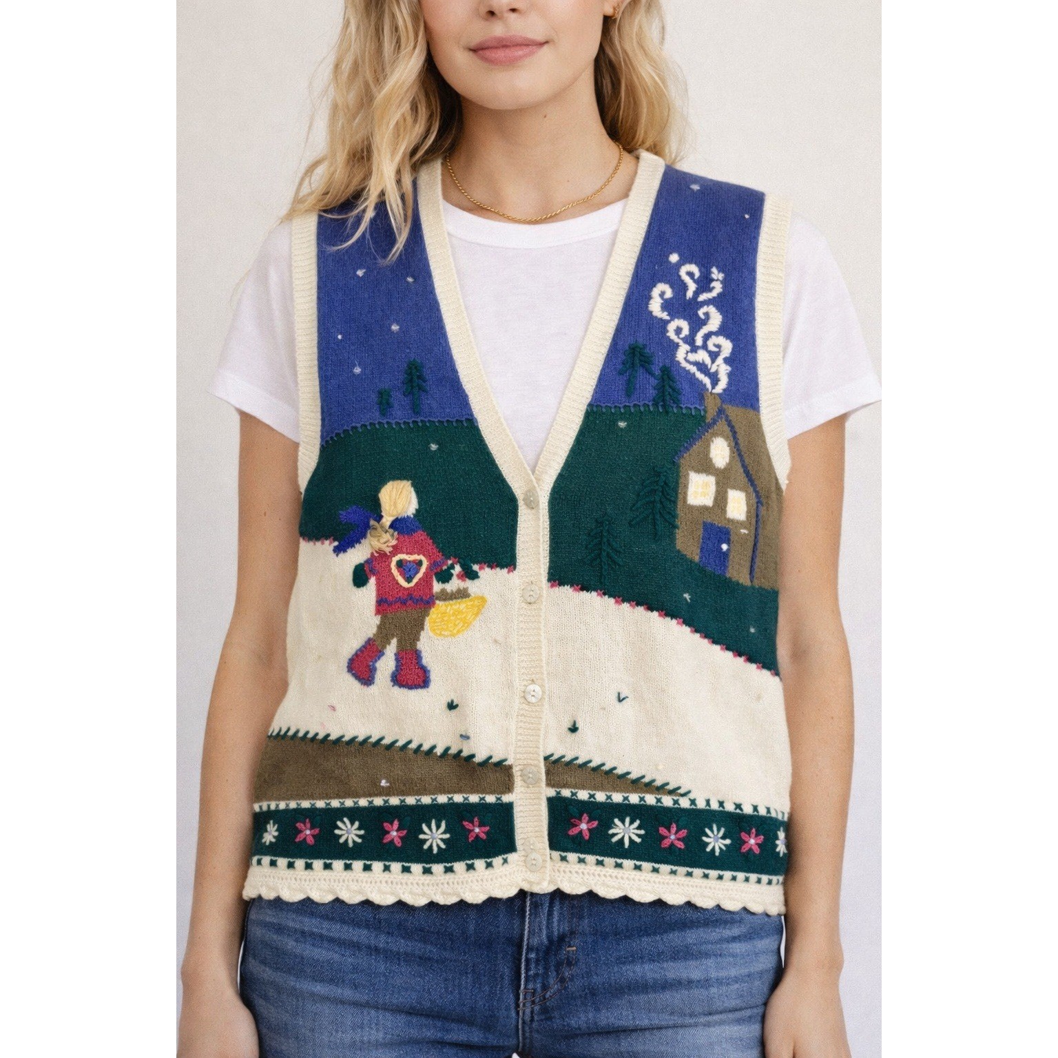 Vintage Napa Valley Sweater Vest Large Kitschy Novelty Embroidered Winter Visit