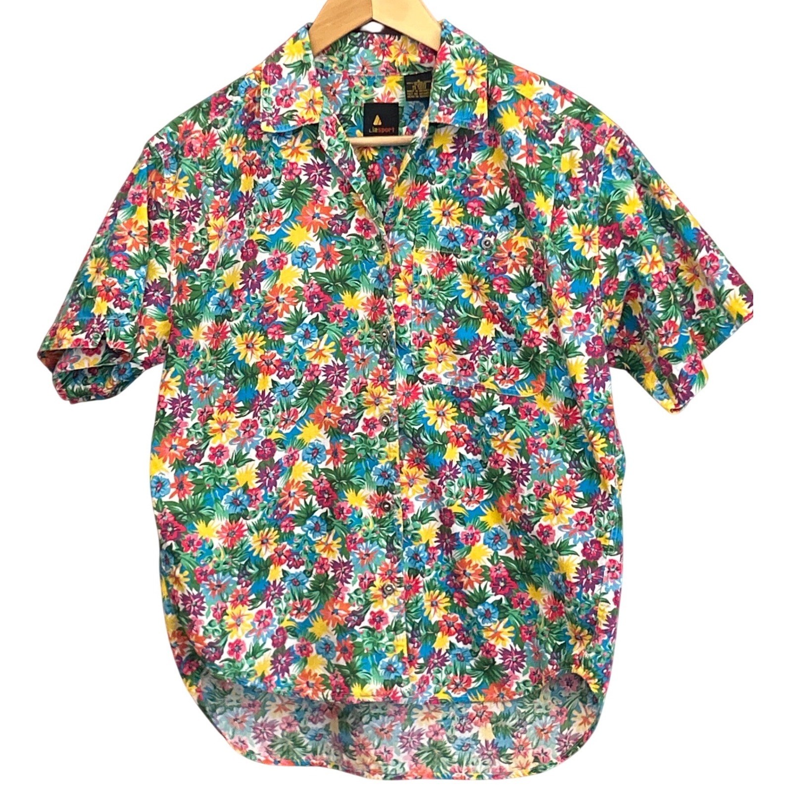 Vintage 90s Lizsport Floral Button Up Shirt Tropical Grannycore Retro Summer Top