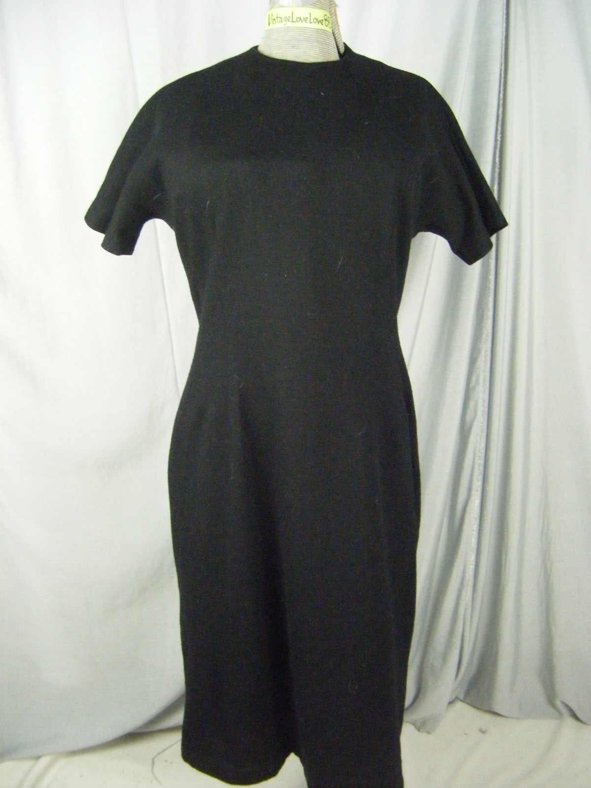 Vtg 60s Simple Black Wool Blended Sheath Dress-Bust 38/S-M