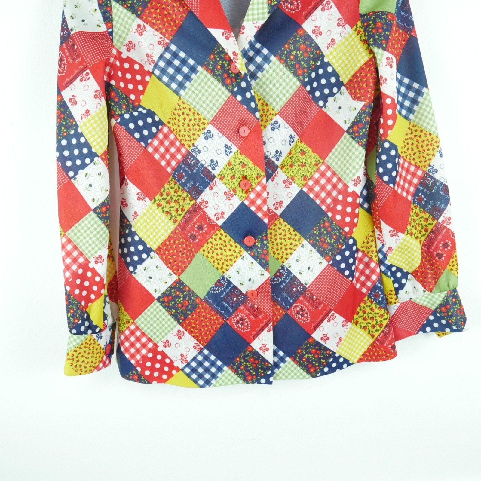 Vintage XS Shirt 70s Patchwork Print Novelty Retro Disco Hippy Polyester Plaid