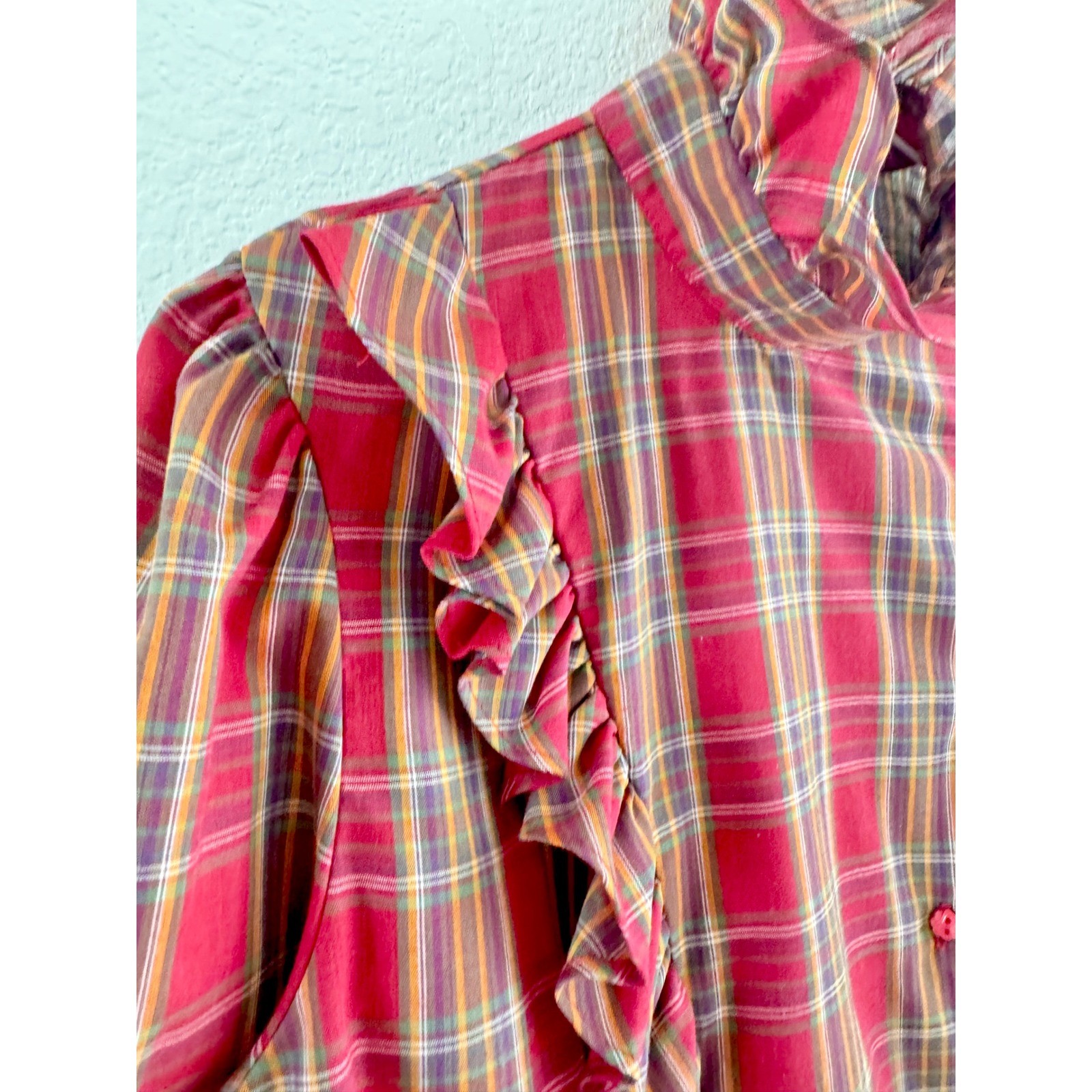 Present Tense Plaid Ruffle Blouse Womens Size M Red Vintage High Neck Victorian