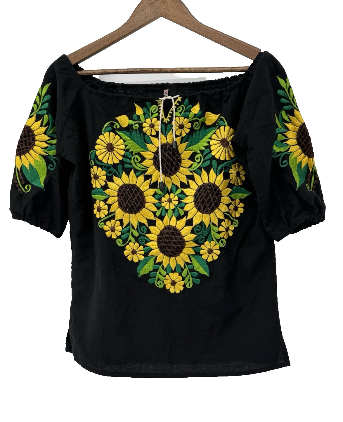 Mexican floral hand embroidery blk sunflower huipil blouse tunic cinco de mayo