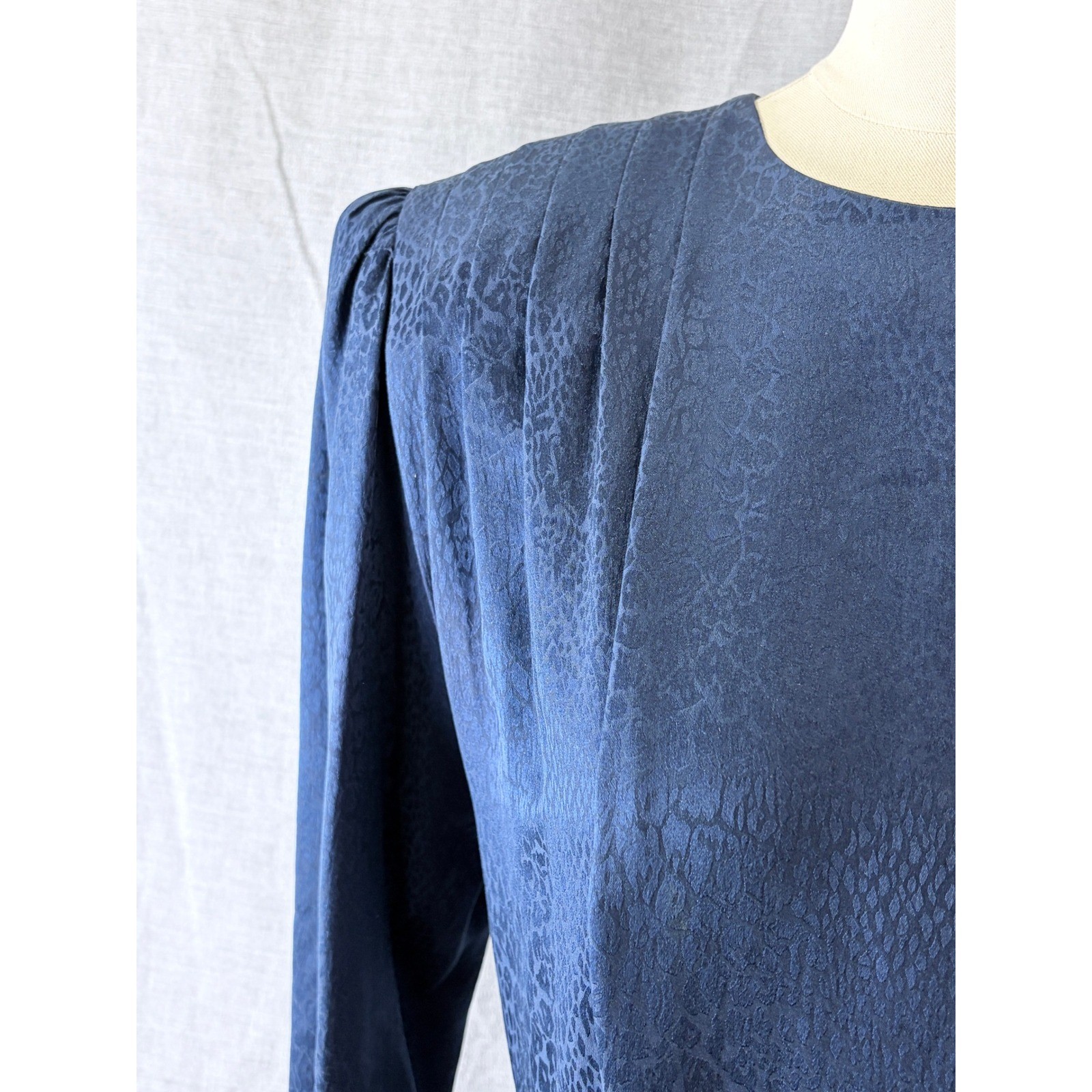 Argenti Vintage 80s Silk Leopard Jacquard Drop Waist Dress Navy 10 Dark Academia