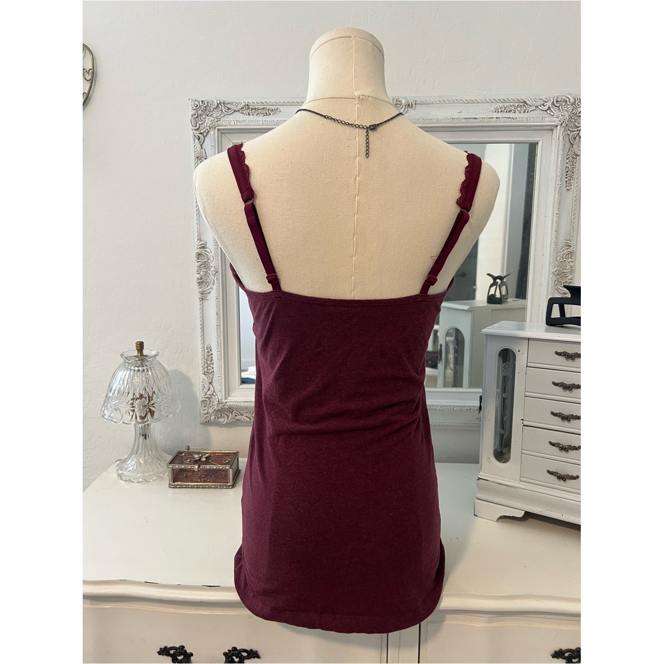vintage burgundy lace trim babydoll cami tank top with bow detail #coquette