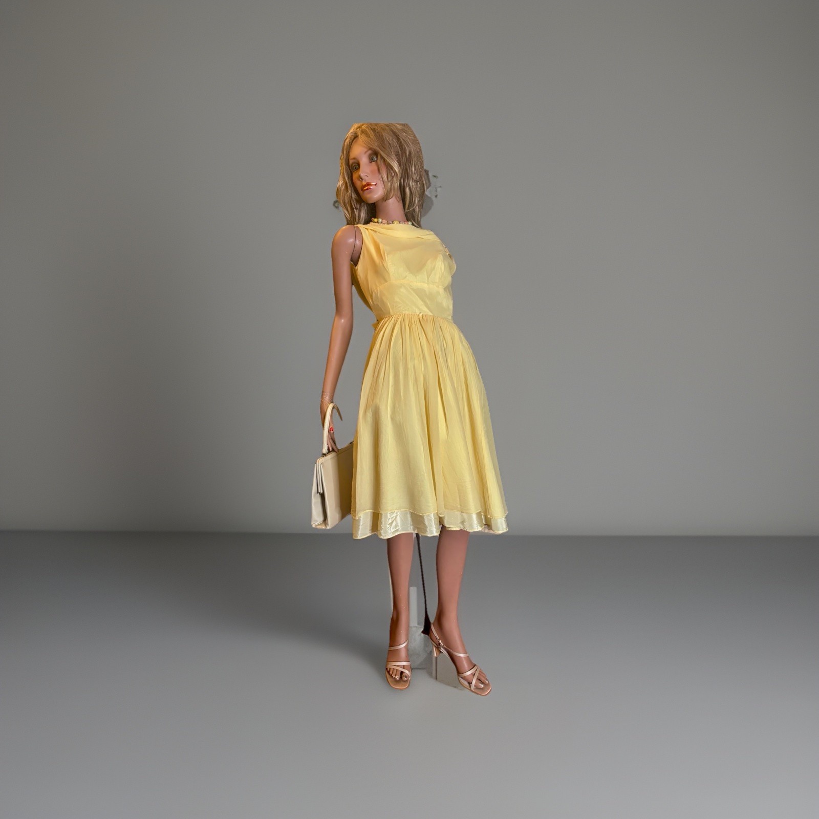 MCM Yellow Chiffon Mod Party Cocktail Dress Fitted Empire Waist/Full Skirt/Bow S