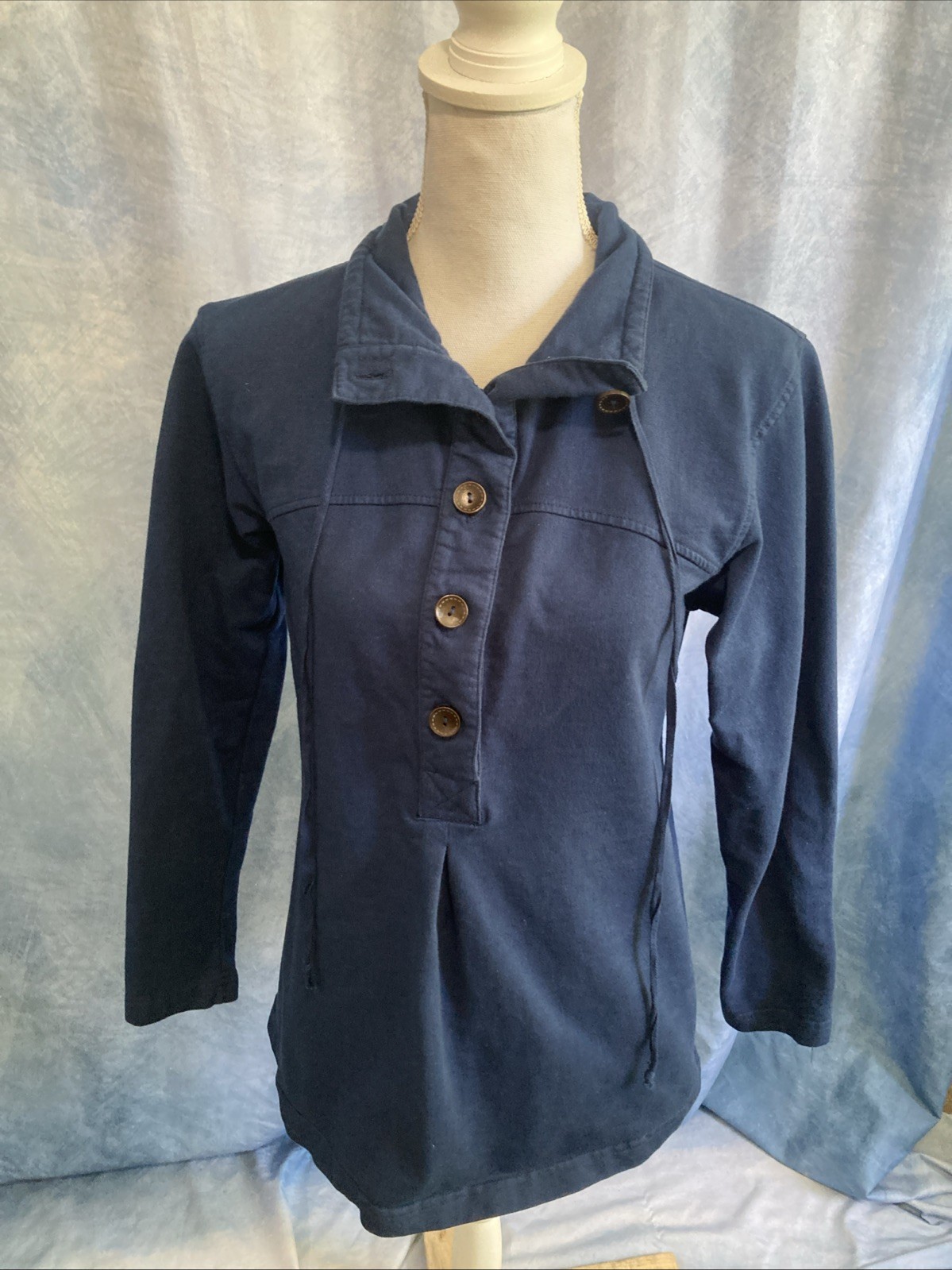 Vtg 90s iCantoo Navy Cotton Tunic Sweatshirt Small USA-Made 5 Button Drawstring
