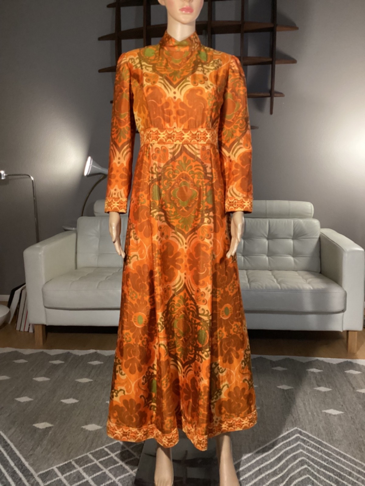 Vintage 60s Psychedelic Mod Geo Groovy Hippie Hostess Maxi Dress Orange Floral