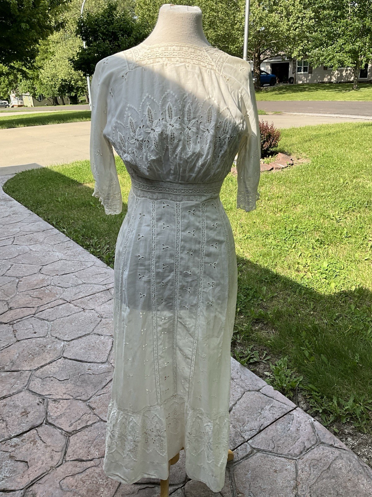 Antique Edwardian White Cotton Lace Dress Eyelet Whitework Embroidery Vintage