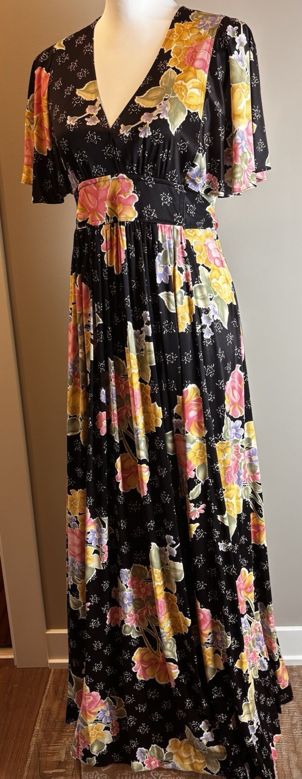 VTG Union Made 70s Boho Floral Flutter Sleeve Cottagecore Maxi Dress Size 13