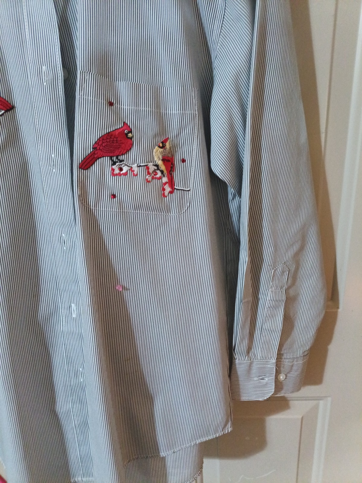 Las olas Womens Button Up S Blue Pin Striped Shirt. Embroidered Cardinals