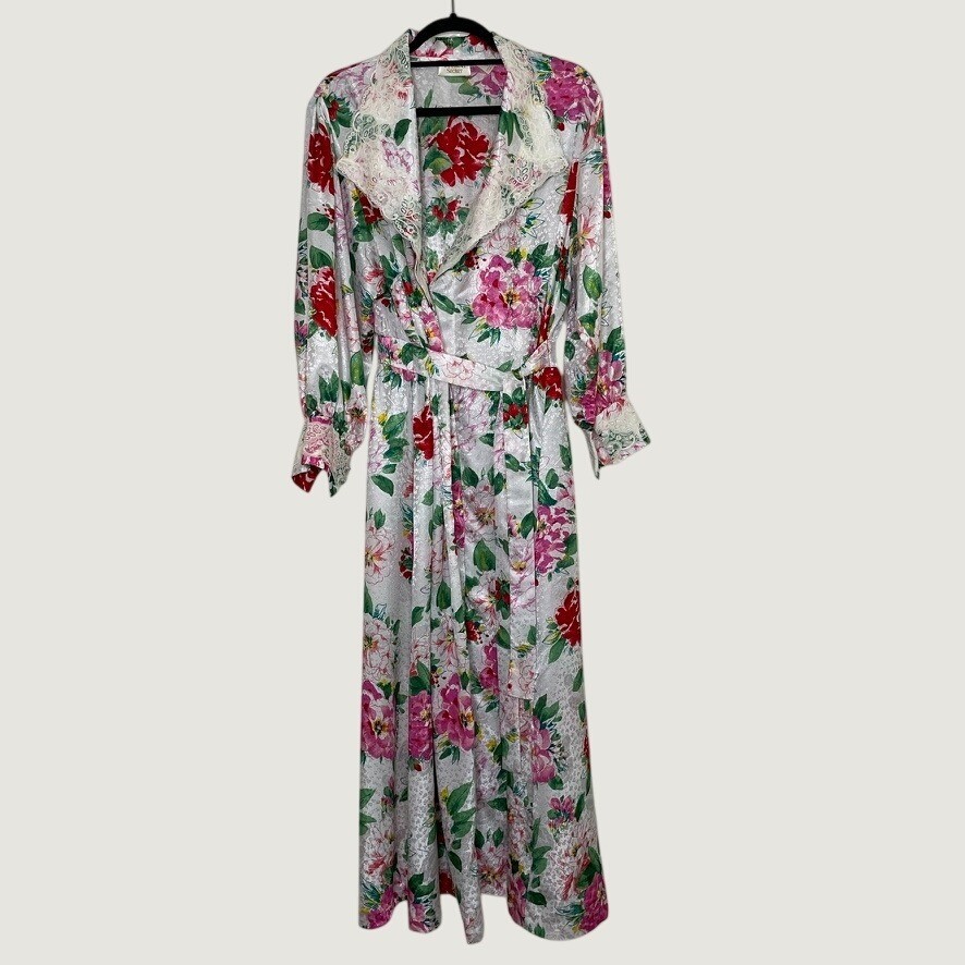 Victoria&rsquo;s Secret Robe Women P/S White Floral Gold Label Lace Satin Maxi Vintage