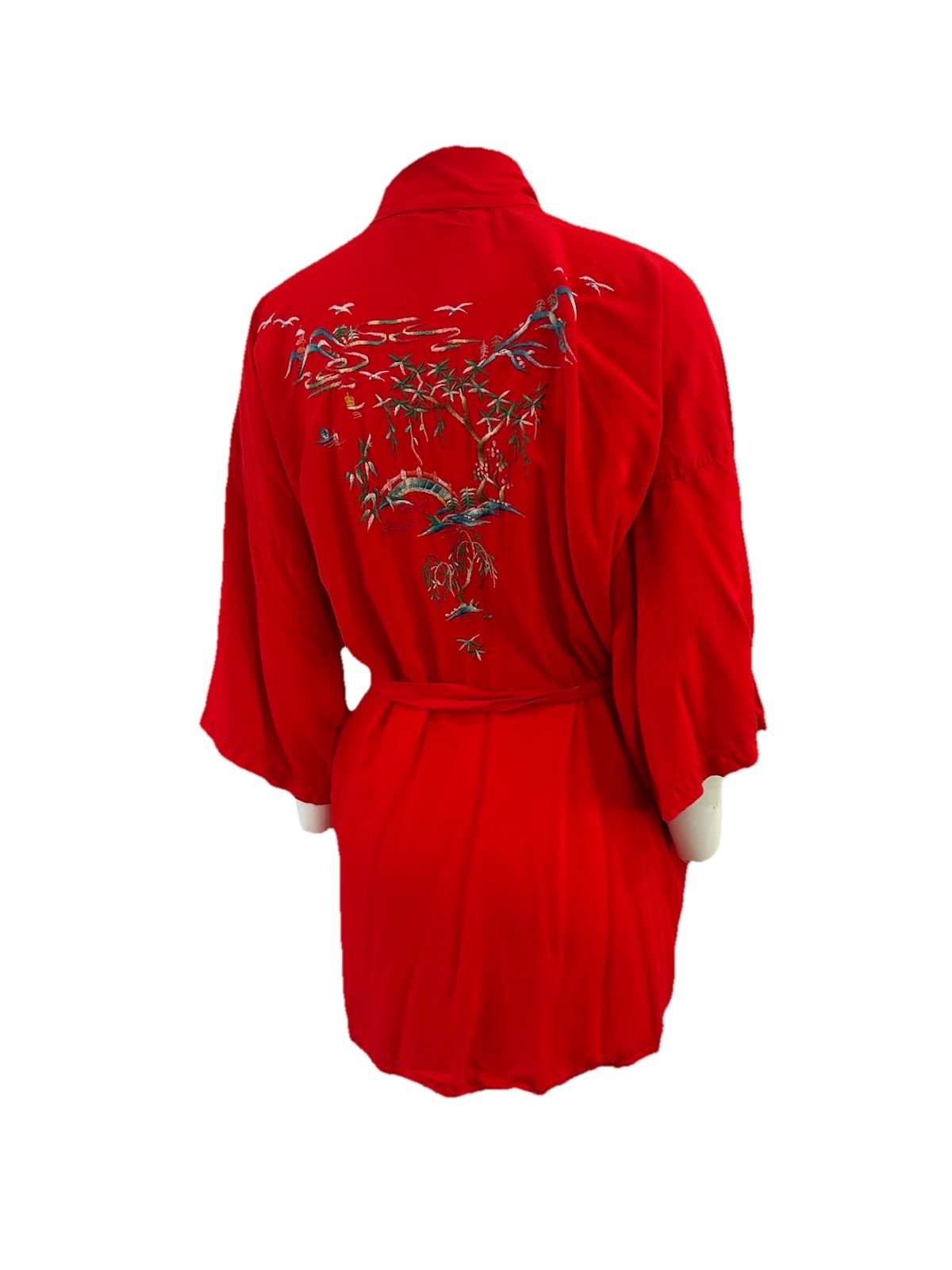 Vintage Red Embroidered Asian Kimono Robe Duster Jacket Belted L