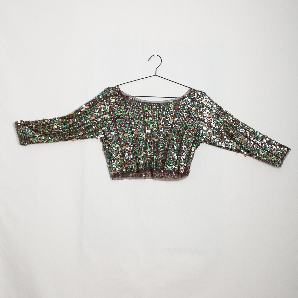 Vintage Sequin Crop Top Brown Mesh Green Silver Gold Scoop Neck Long Sleeve S/M