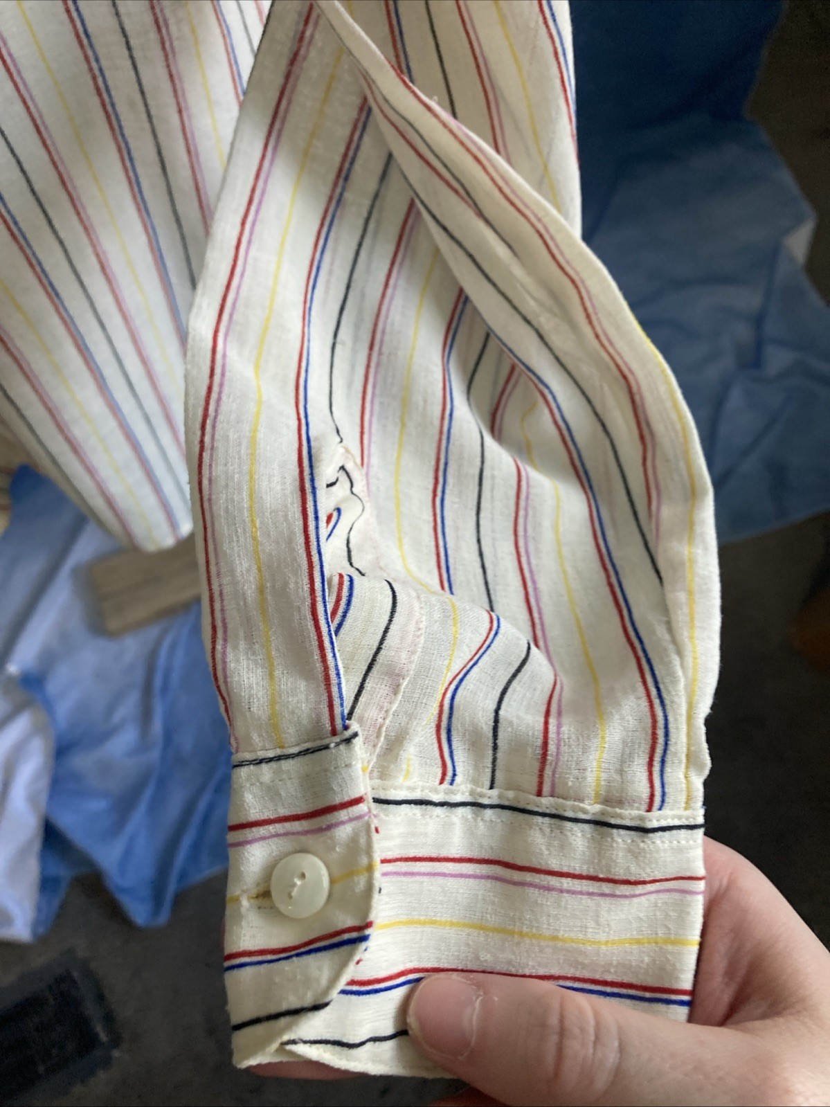 Vtg 70s SHAPELY Striped Blouse Sheer Dagger Collar Secretary Mod Disco Top Sz 12