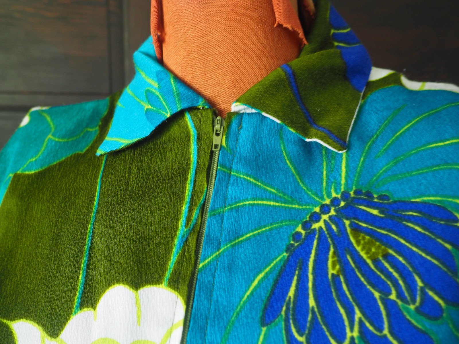 VTG 60s 70s Brown Blue Floral Boho Hippy Midi Retro Mod Dress Womens S